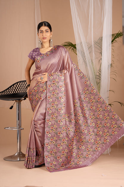 Banarasi Softy Digital Print Floral Silk Purple Colour Saree-Festive And Party Wear
