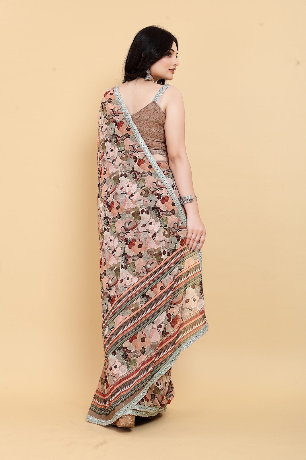 Weightless Brown Saree with Multicolored Floral Print