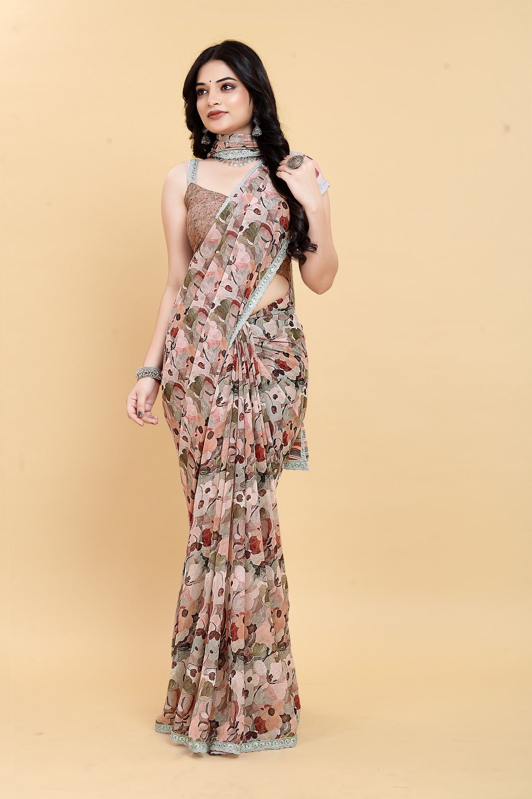 Weightless Brown Saree with Multicolored Floral Print