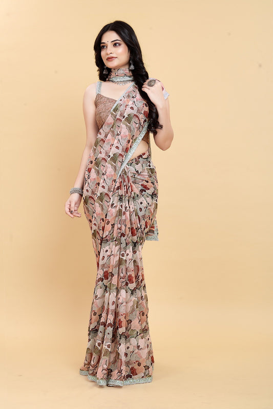 Weightless Brown Saree with Multicolored Floral Print