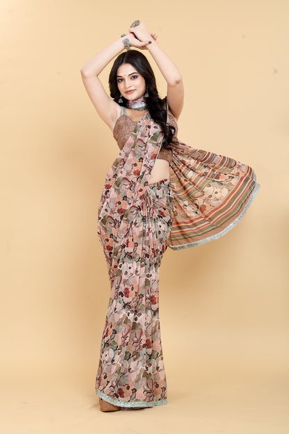Weightless Brown Saree with Multicolored Floral Print