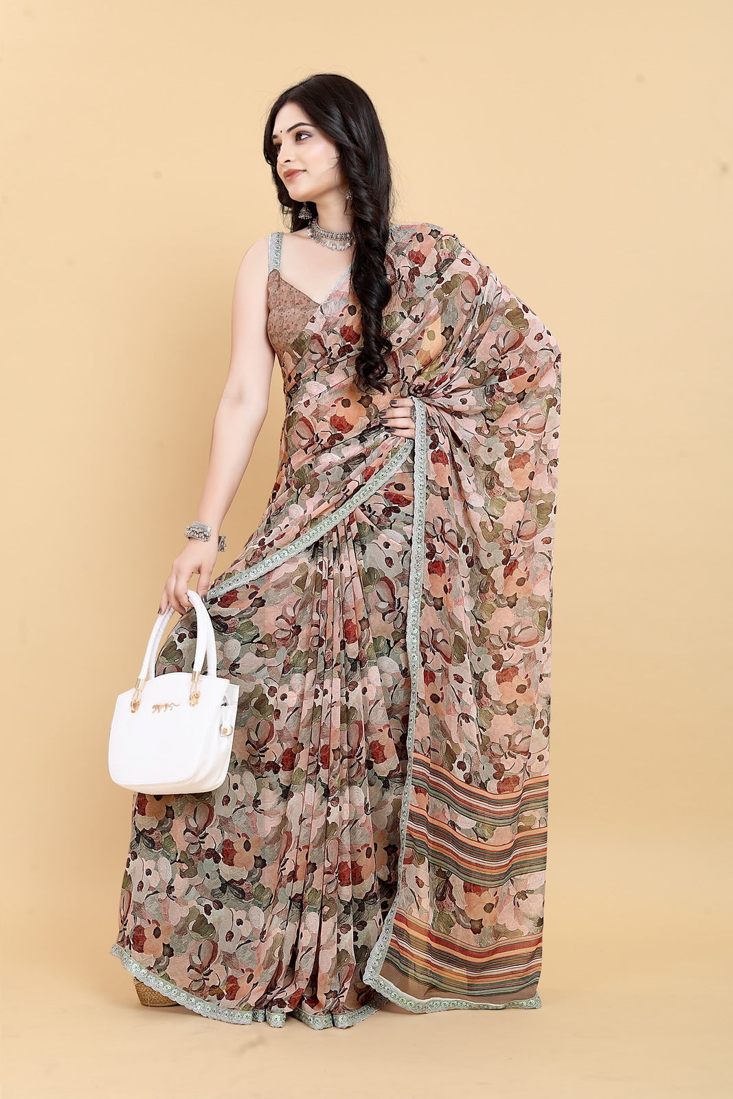 Weightless Brown Saree with Multicolored Floral Print