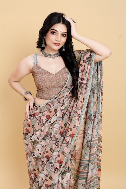 Weightless Brown Saree with Multicolored Floral Print