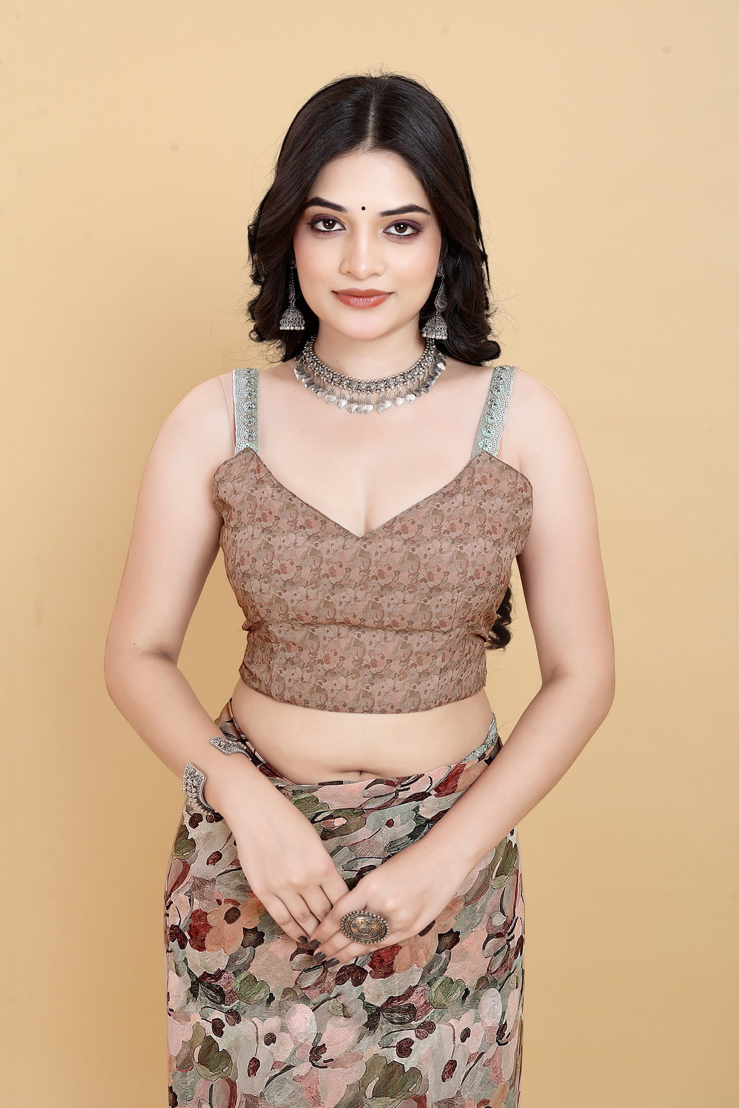 Weightless Brown Saree with Multicolored Floral Print