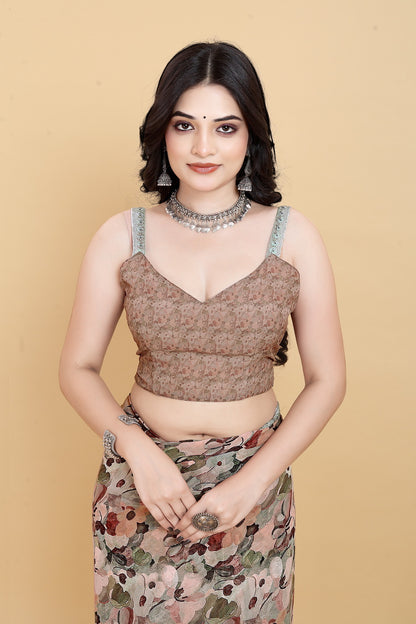 Weightless Brown Saree with Multicolored Floral Print