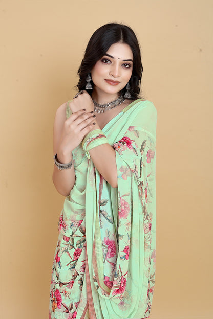 Luxurious Weightless Pista Saree with Multicolored Design