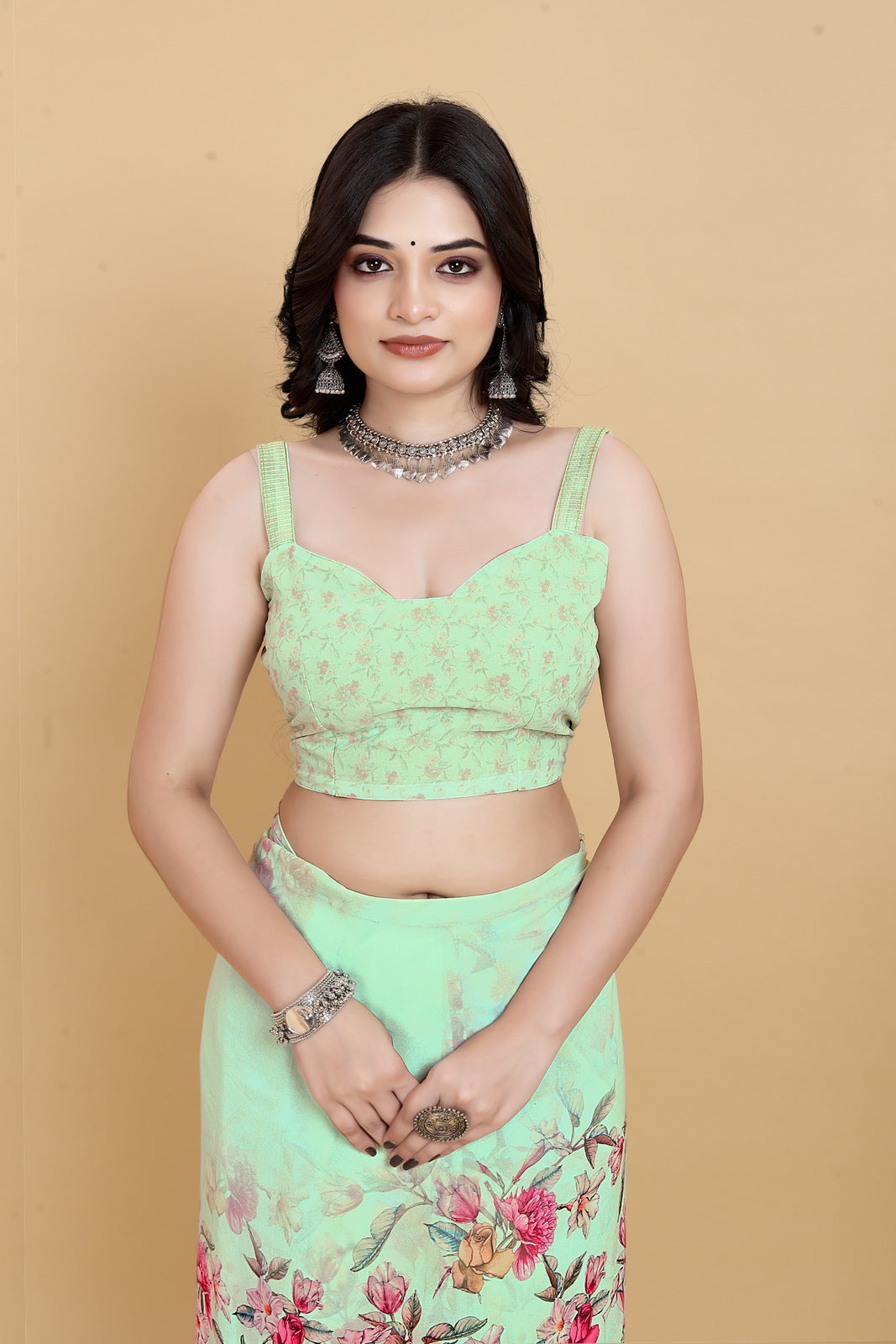 Luxurious Weightless Pista Saree with Multicolored Design