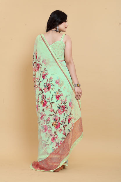 Luxurious Weightless Pista Saree with Multicolored Design