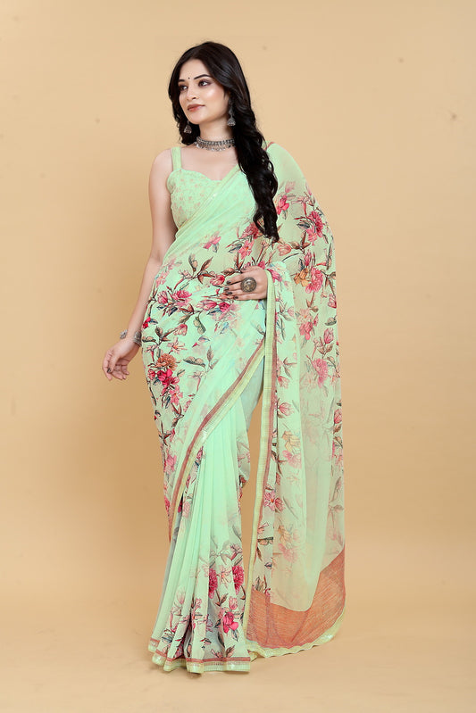 Luxurious Weightless Pista Saree with Multicolored Design