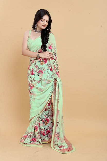 Luxurious Weightless Pista Saree with Multicolored Design