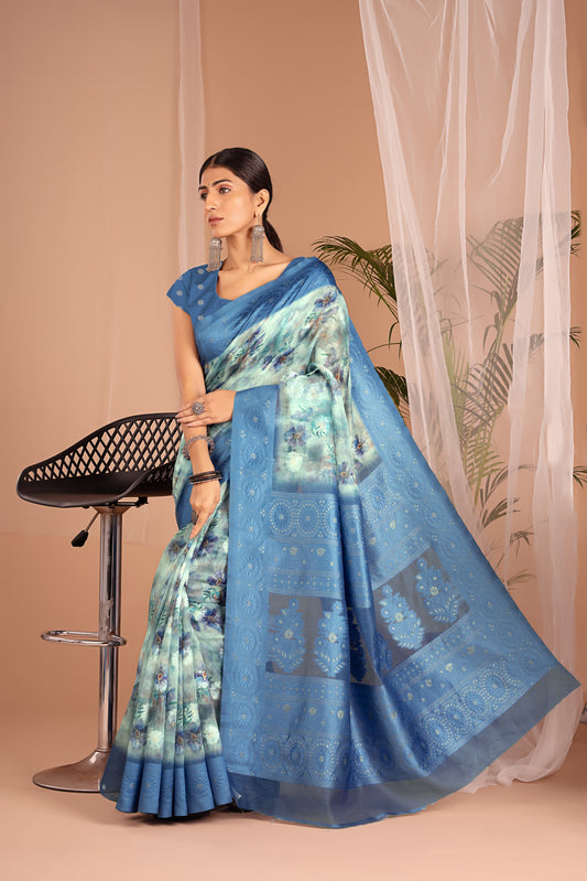 Lakhnawi Digital Print Blue floral saree