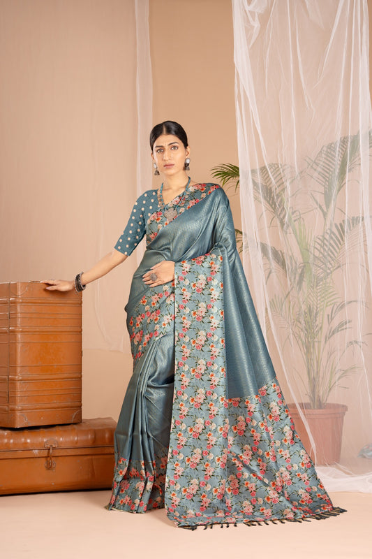 Banarasi Softy Digital Print Floral Silk Silver Colour Saree-Festive And Party Wear
