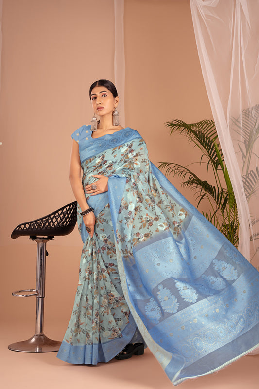 Lakhnawi Digital Print Powder Blue Floral Saree