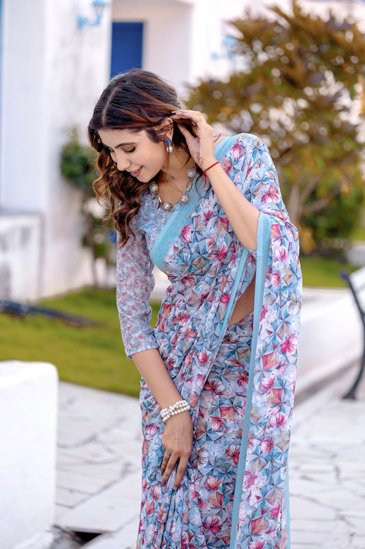 Luxurious Weightless Alice Blue  Saree with Multicolored Design