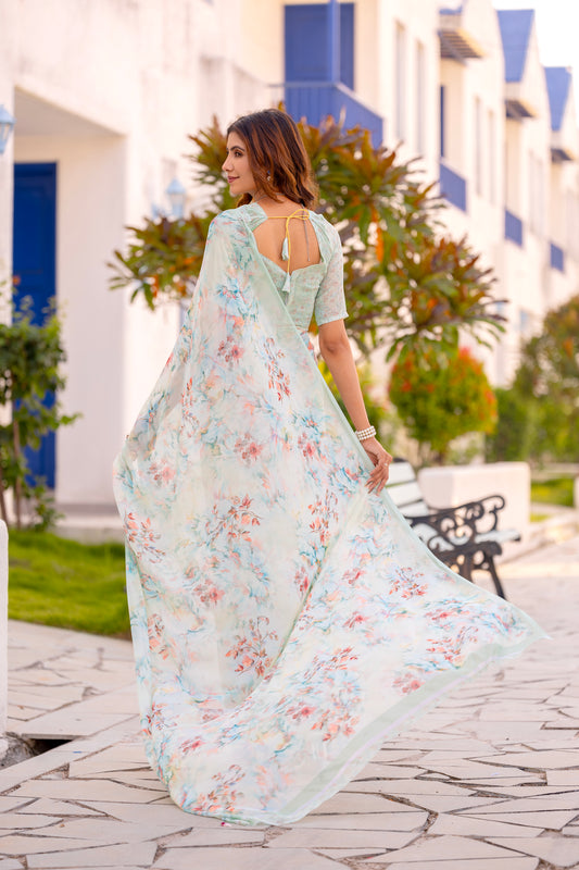 Luxurious Weightless Light Pista  Saree with Multicolored Design
