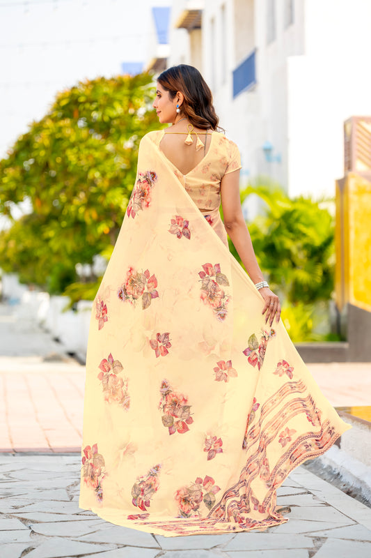 Luxurious Weightless Light Yellow Saree with Multicolored Design