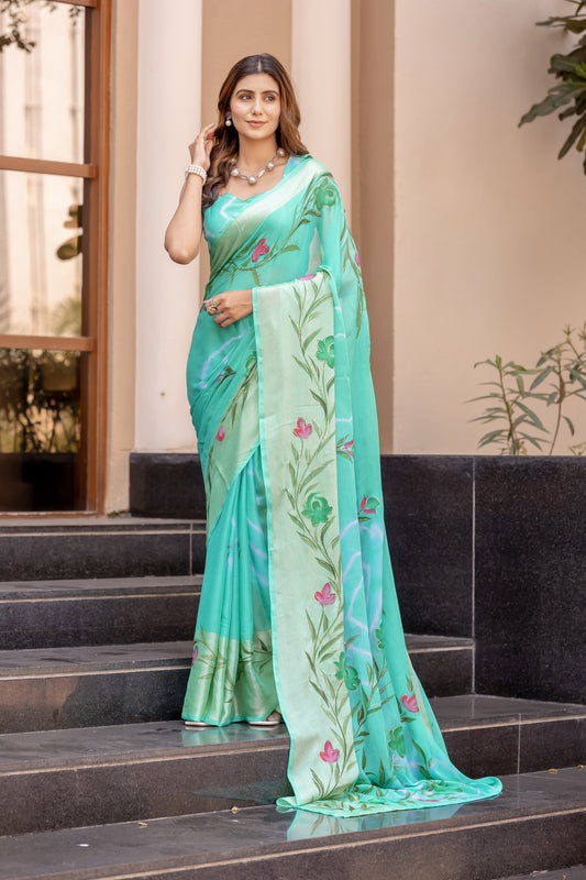 Chiffon Rama Green Saree Featuring Delicate Hand Painted Floral Motifs