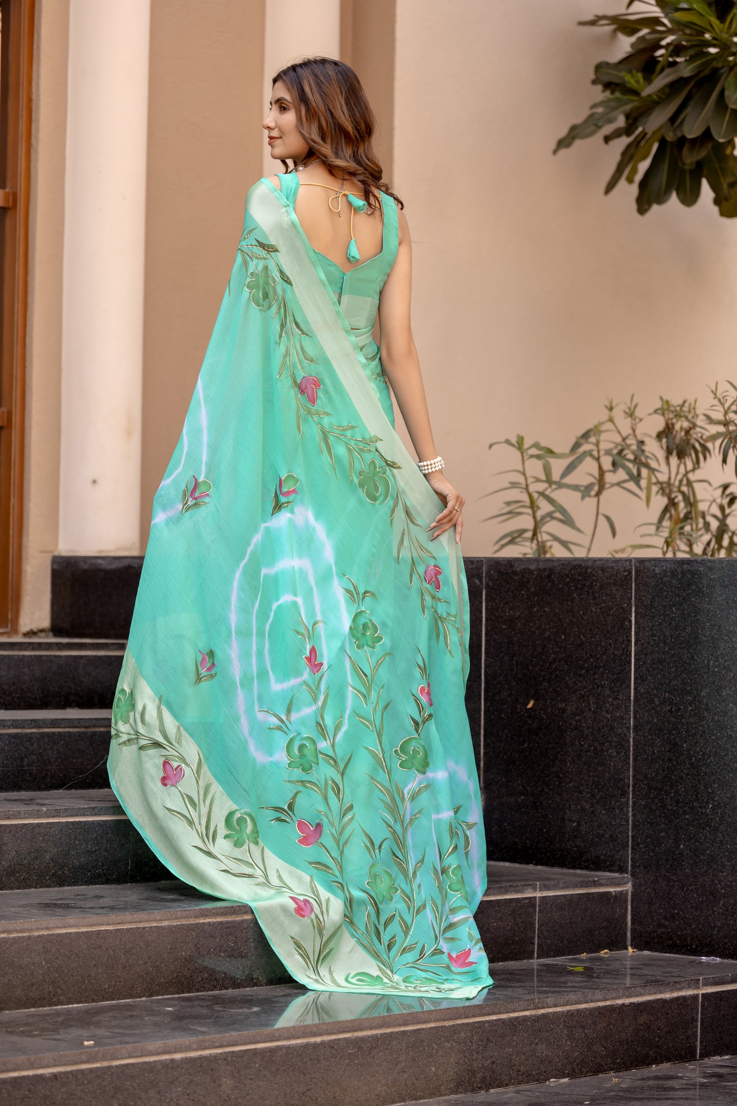 Chiffon Rama Green Saree Featuring Delicate Hand Painted Floral Motifs