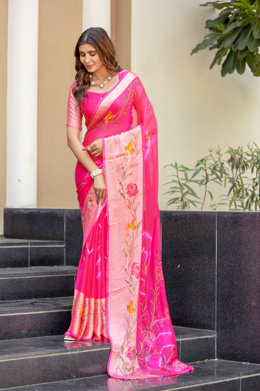 Chiffon Rani Pink Saree Featuring Delicate Hand Painted Floral Motifs