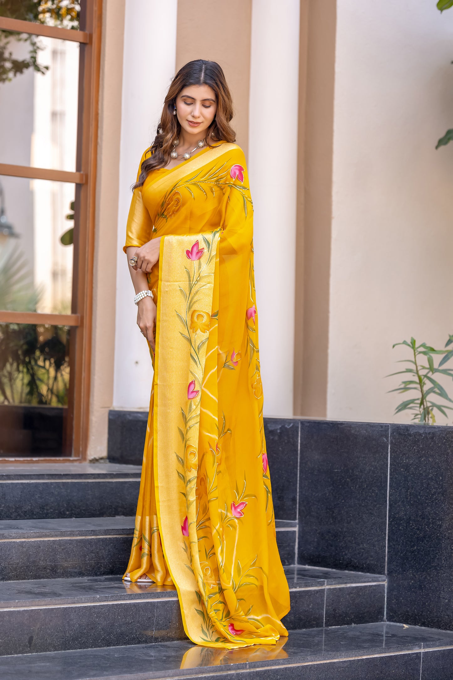 Chiffon Mustard Yellow Saree Featuring Delicate Hand Painted Floral Motifs