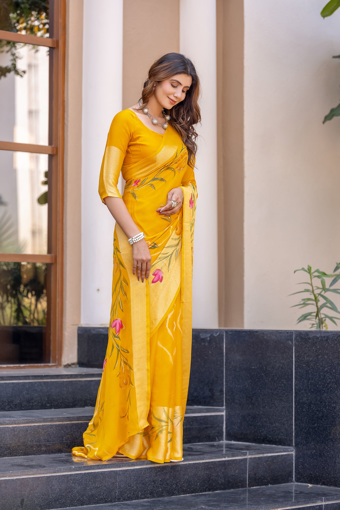 Chiffon Mustard Yellow Saree Featuring Delicate Hand Painted Floral Motifs