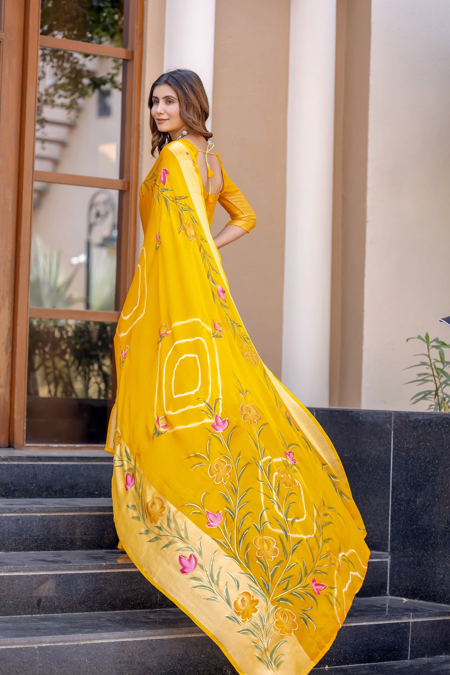 Chiffon Mustard Yellow Saree Featuring Delicate Hand Painted Floral Motifs