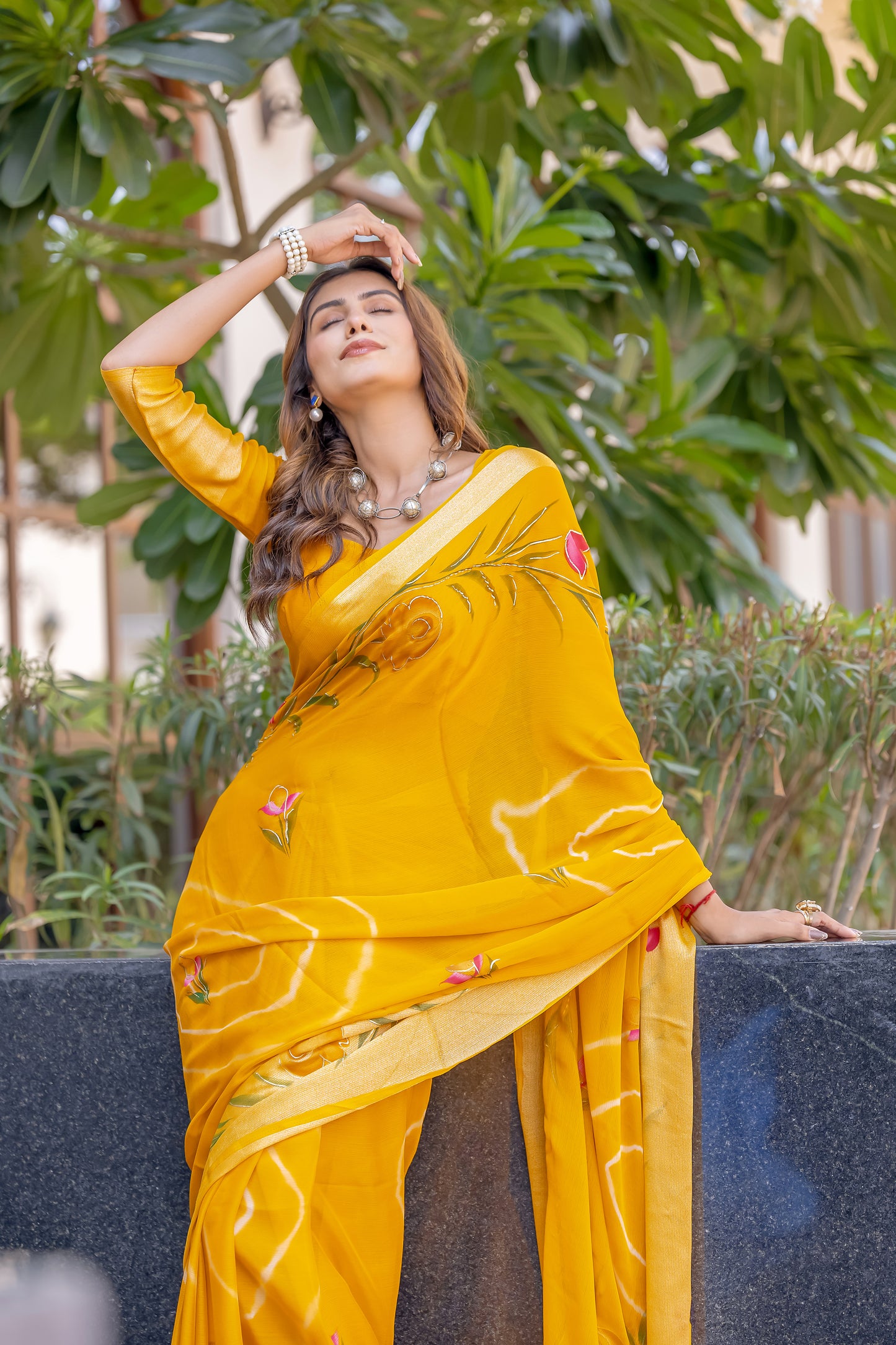 Chiffon Mustard Yellow Saree Featuring Delicate Hand Painted Floral Motifs