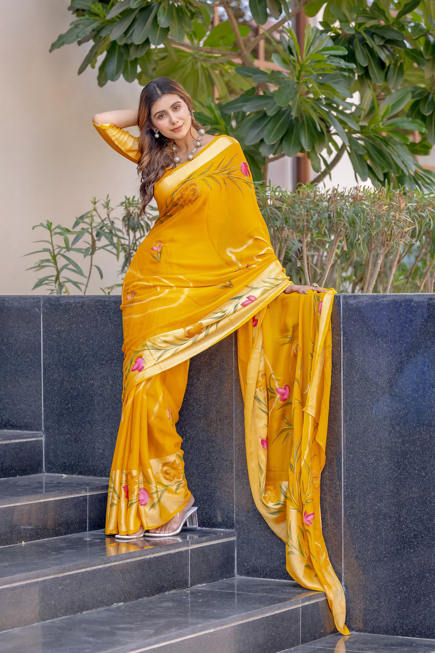 Chiffon Mustard Yellow Saree Featuring Delicate Hand Painted Floral Motifs