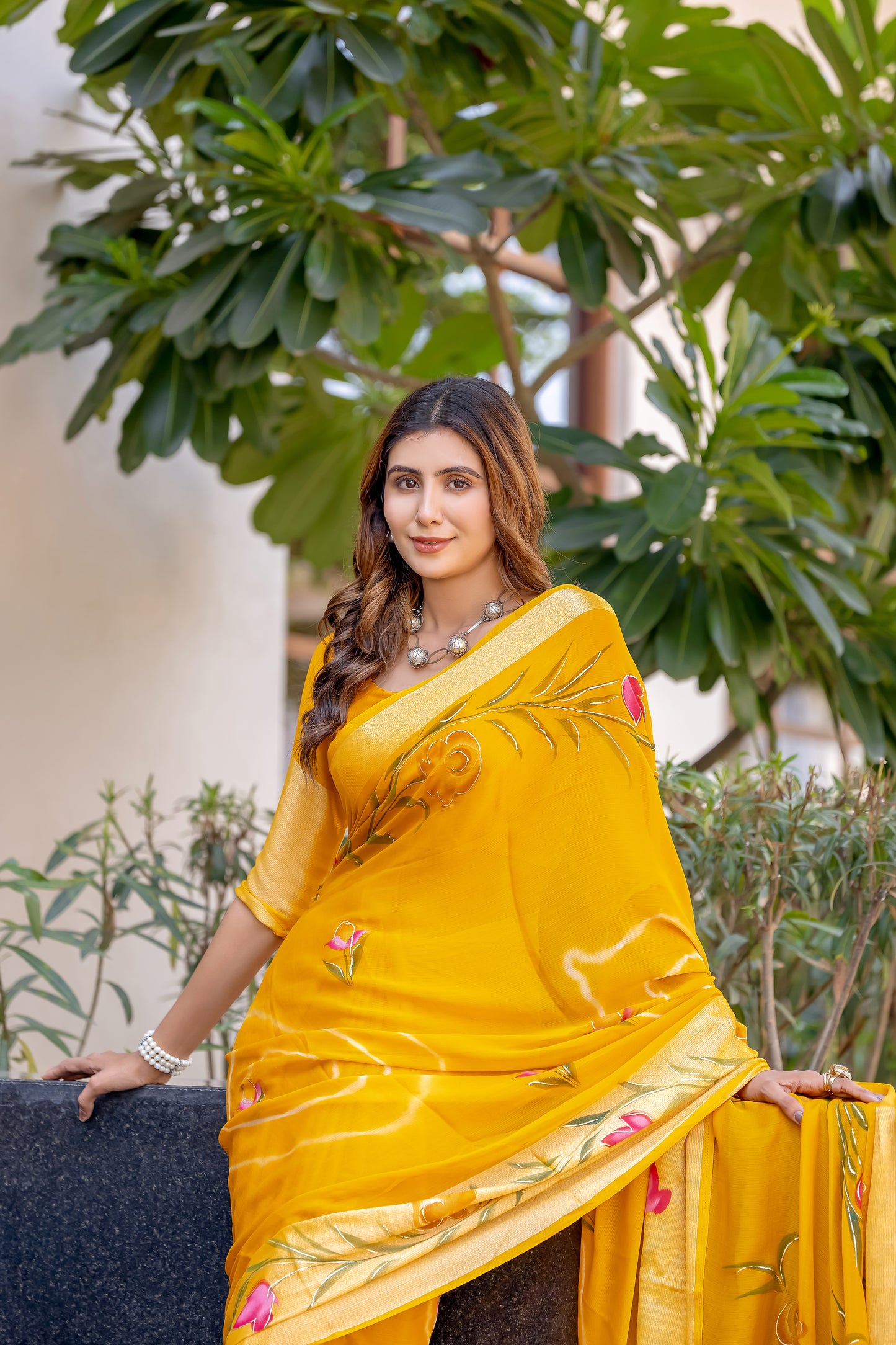 Chiffon Mustard Yellow Saree Featuring Delicate Hand Painted Floral Motifs