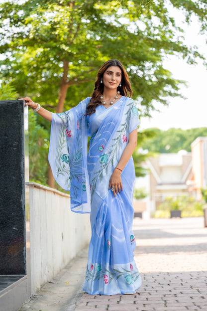 Chiffon Sky Blue Saree Featuring Delicate Hand Painted Floral Motifs