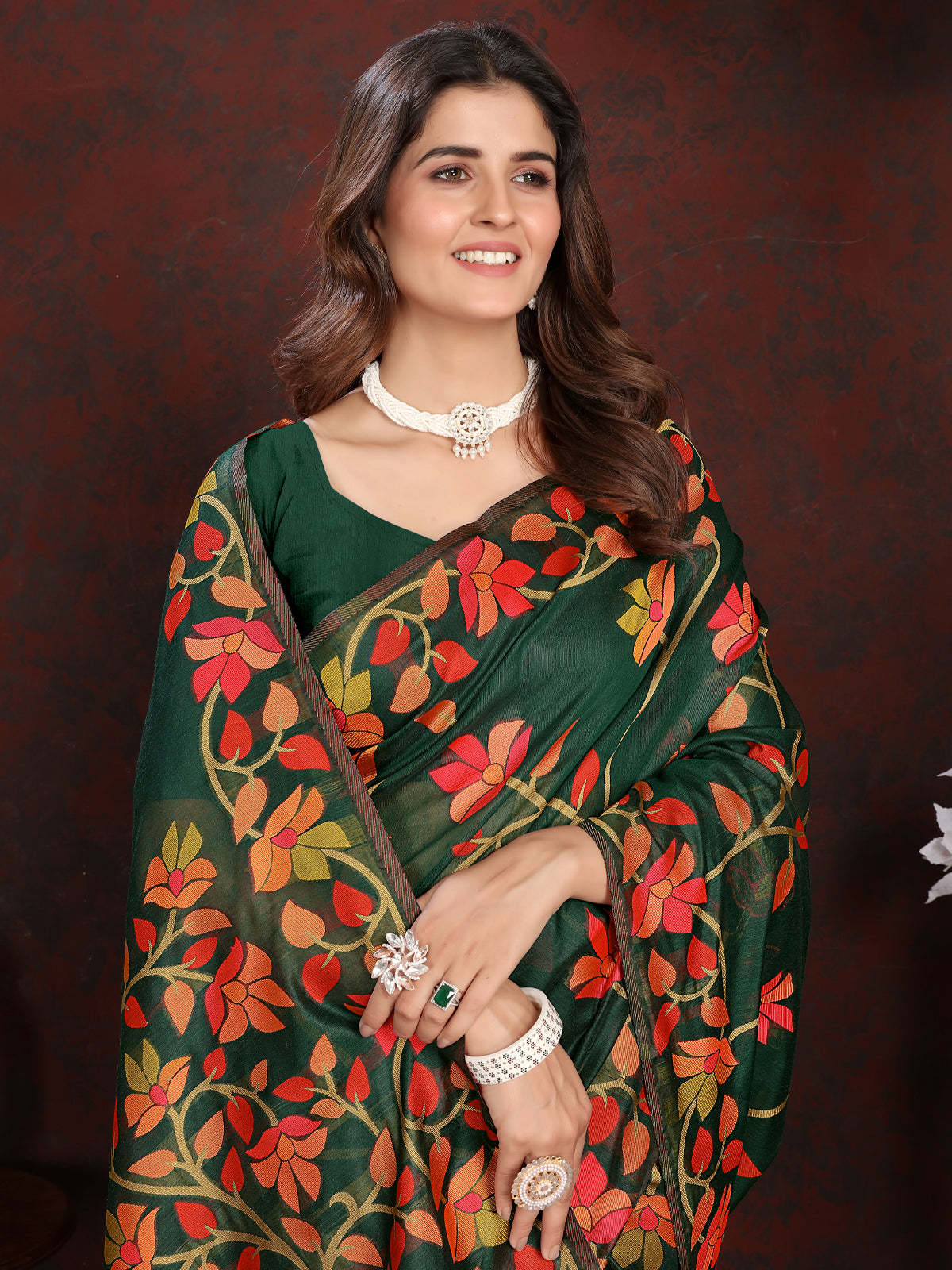 Vibrant Green Cotton Muslin Saree with Multicolored Floral Jaal Pattern