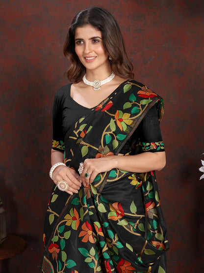 Elegant Black and Golden Cotton Muslin Saree with Multicolored Floral Jaal Design