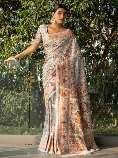 Off White Blended Jamdani Silk Saree with Kashmiri Work