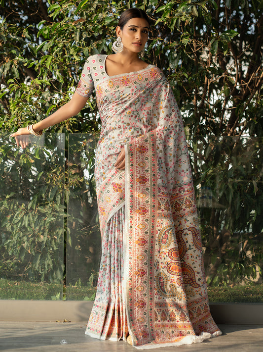 Off White Blended Jamdani Silk Saree with Kashmiri Work