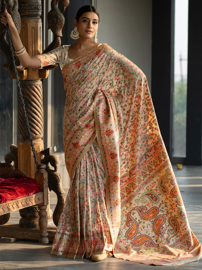 Timeless Warm Beige Jamdani Saree with Antique Gold Minakari Kani Weave