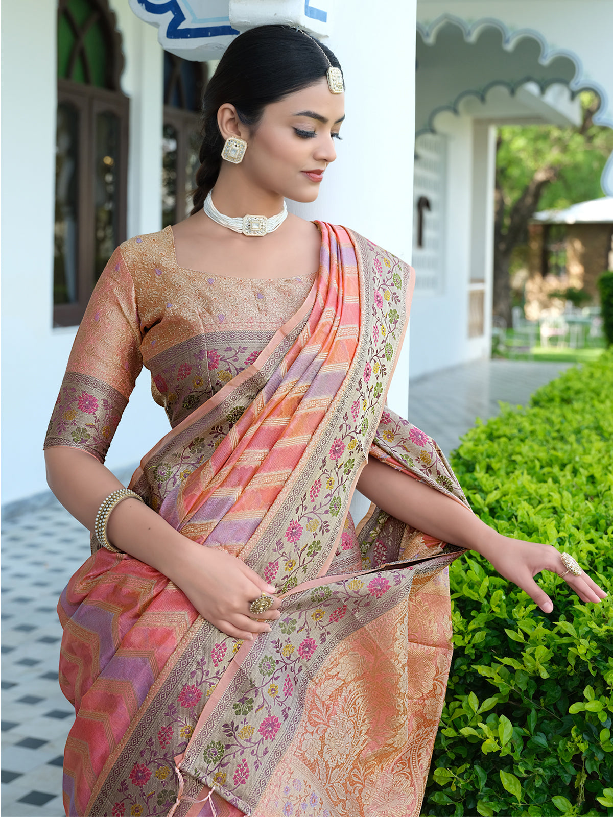 Rangkat Organza Saree with Multicolored Zari Embroidery