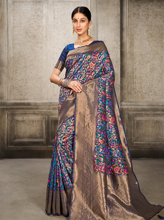 Kanjivaram Silk Navy Blue Saree with Antique Gold Minakari Kani Work