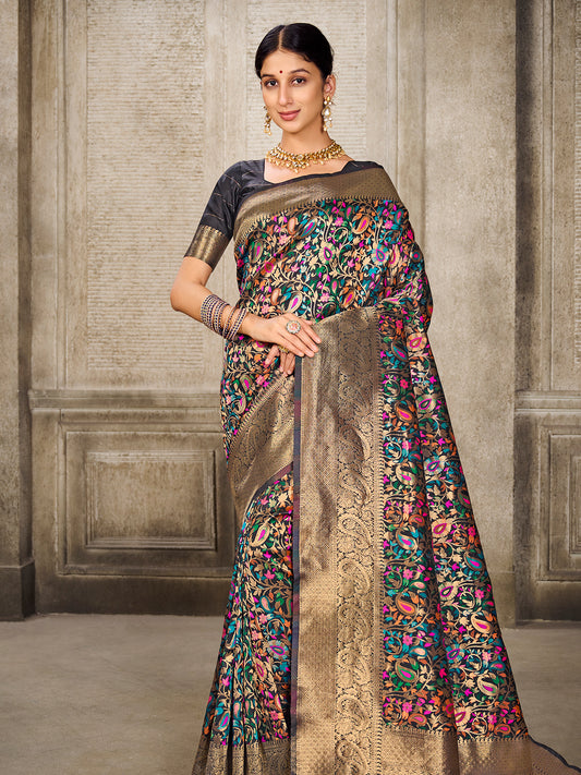 Kanjivaram Silk Black Saree with Antique Gold Minakari Kani Work