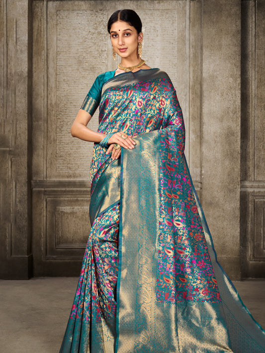 Kanjivaram Silk Turquoise Saree with Antique Gold Minakari Kani Work