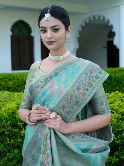 Orange Organza Saree with Multicolored Zari Embroidery