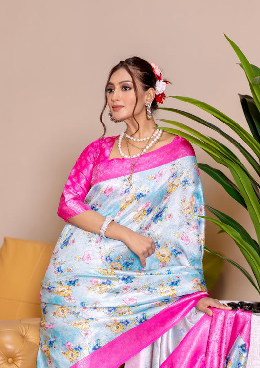 Banarasi Softy Digital Print Floral Silk Rani Pink Saree-Festive And Party Wear
