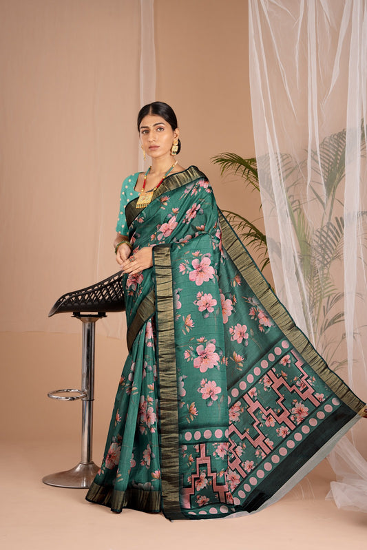 Golden Cot Handloom Silk Digital Print Dark Green Floral Saree With Golden Border