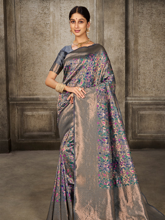 Kanjivaram Silk Grey Saree with Antique Gold Minakari Kani Work