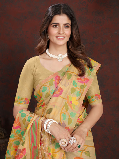 Warm Beige and Golden Floral Jaal Cotton Muslin Saree