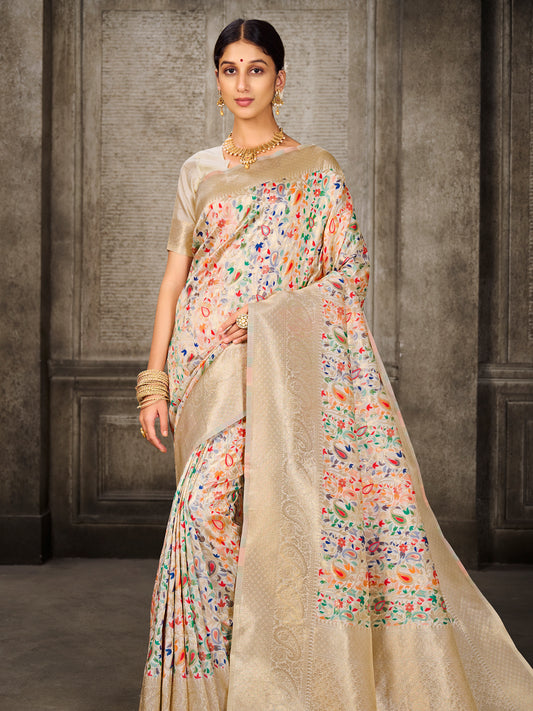 Kanjivaram Silk White Saree with Antique Gold Minakari Kani Work