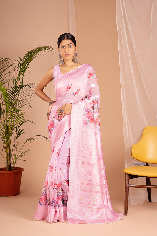 Lakhnawi Digital Print Baby Pink Floral Saree