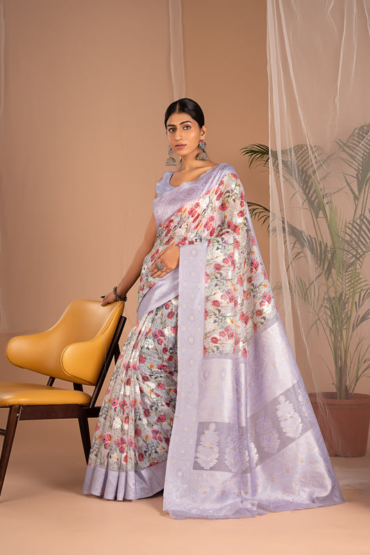 Lakhnawi Digital Print Lavender Floral Saree