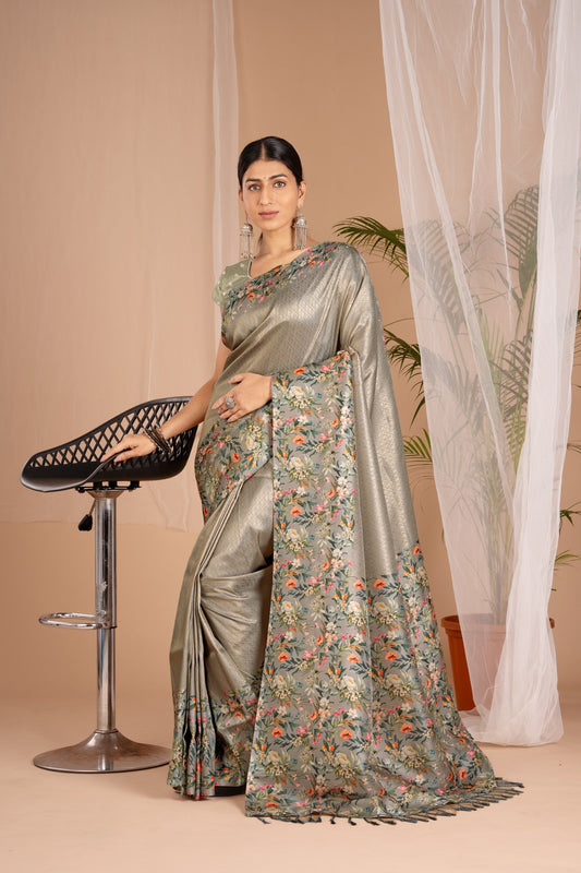 Banarasi Softy Digital Print Floral Silk Dark Gold Saree-Festive And Party Wear