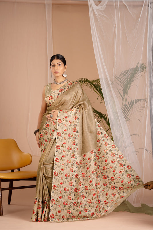 Banarasi Softy Digital Print Floral Silk Dark Yellow Saree-Festive And Party Wear