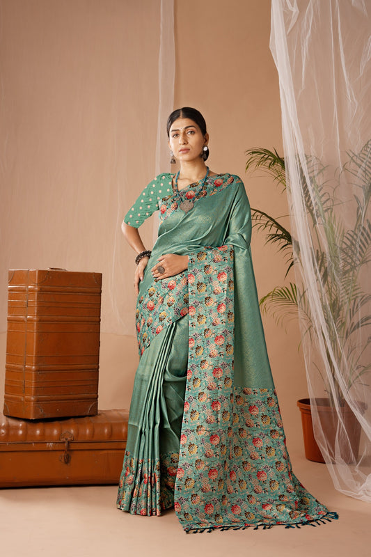Banarasi Softy Digital Print Floral Silk Green Colour Saree-Festive And Party Wear